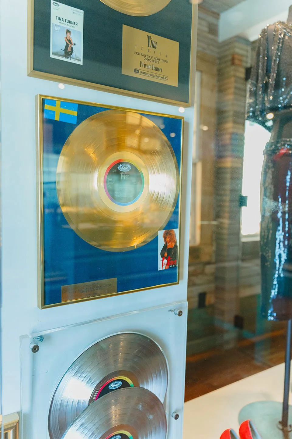 Gold record awards and costumes await your visit to the Tina Turner Museum and Flagg Grove School.
