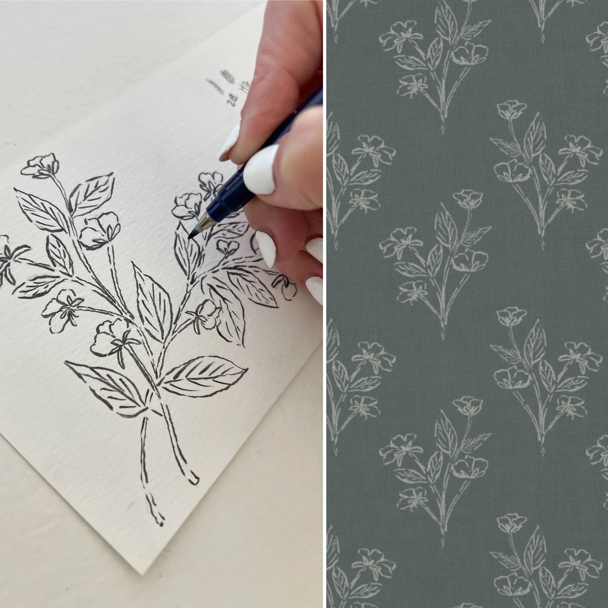 From sketch to pattern😍 This little drawing turned into two different patterns that I&rsquo;m in love with. So many colorway possibilities too! Do you have a favorite?! 
.
.
.
#handdrawn #patterndesign #vintagefloralpattern #minimalistwallpaper #bot
