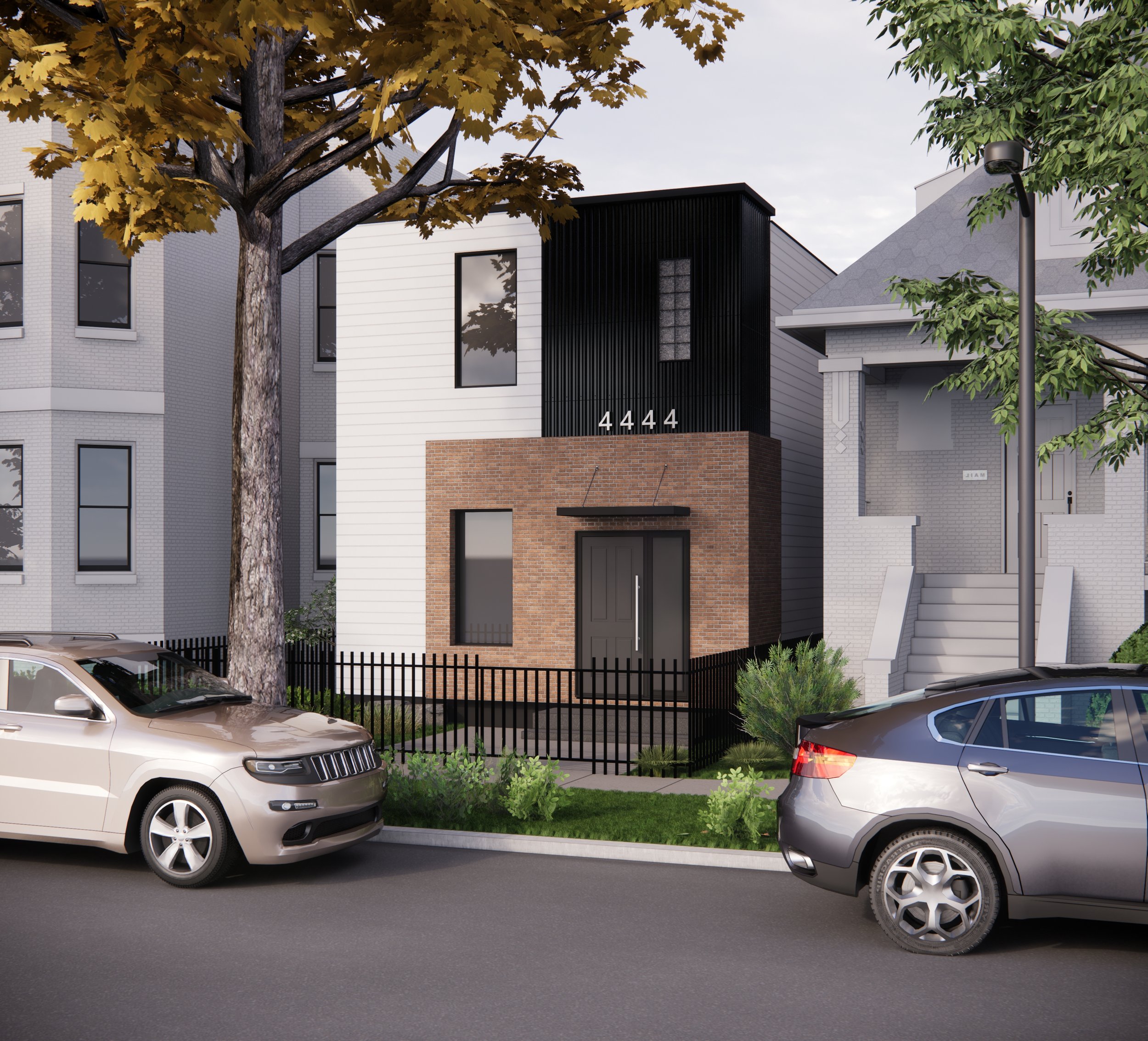 Modern single-family home with two cars parked outside, featuring a combination of brick and siding materials, and a black fence.