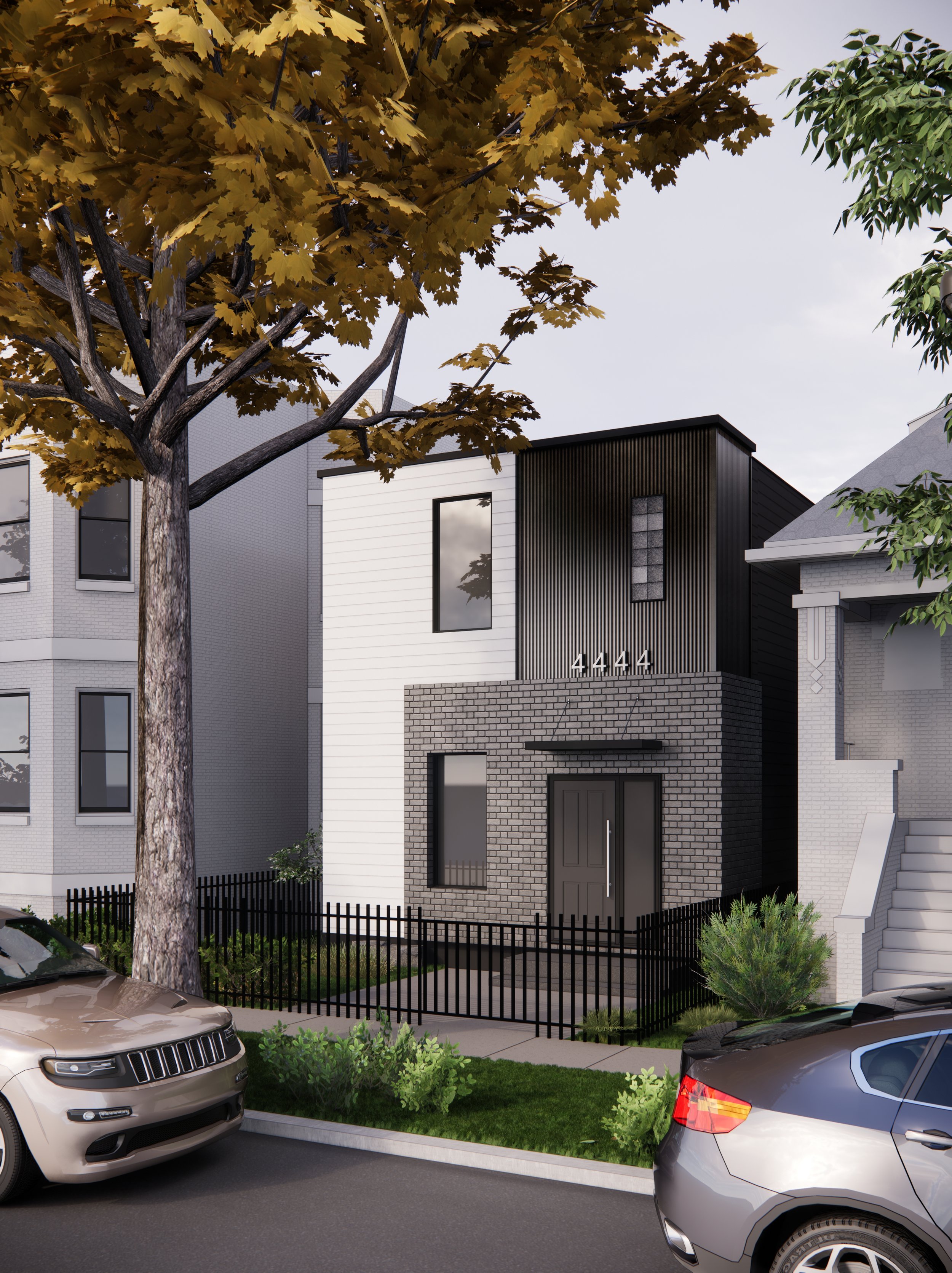 Modern two-story house exterior with brick and siding facade, black fence, and tree in the foreground.