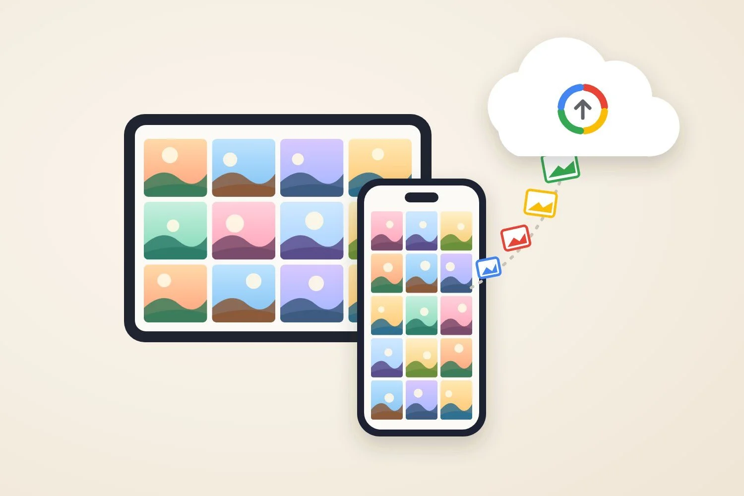An iPhone and iPad showing a photo library, with photos uploading to a Google-colored cloud