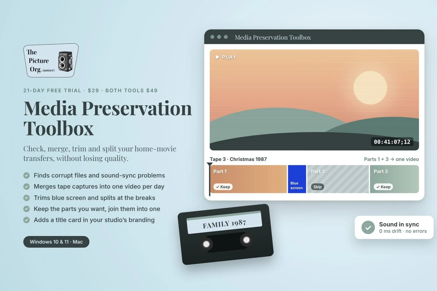 Media Preservation Toolbox by The Picture Org(anizer), with a 21-day free trial. The dashboard shows a tape split at the blue screen, with two parts kept and joined into one video, a “Sound in sync” check and a VHS cassette.
