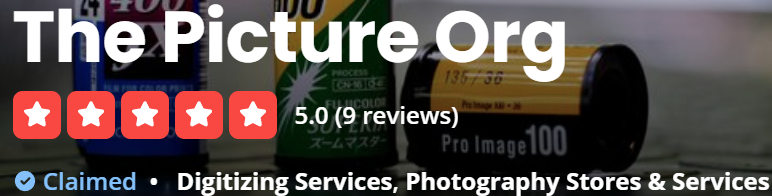 Five-star rating for The Picture Org LLC, 39 Yelp reviews, photo restoration.