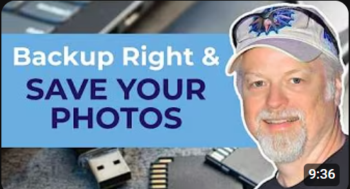 Certified Photo Manager John Spear explains how to keep digital photos safe from device failure. The graphic includes the text 'Backup Right & SAVE YOUR PHOTOS' with a 9:36 video timestamp, highlighting physical storage media like USBs and SD cards.