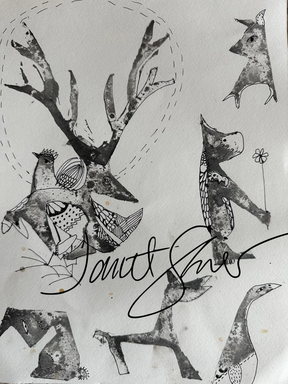 "wild wonders" linocut, pen, and ink ©2025JanetShier