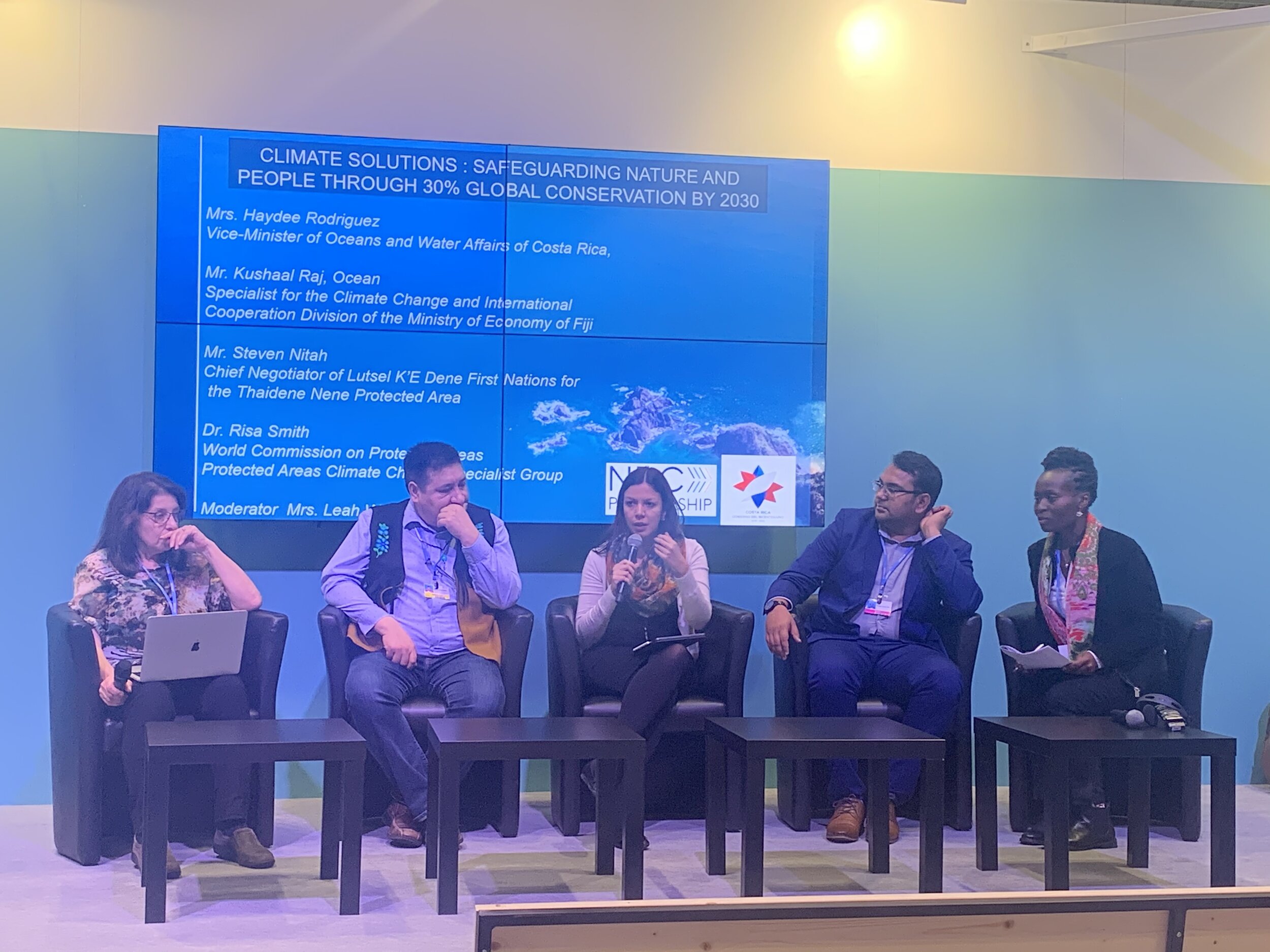 ACCELERATING CLIMATE SOLUTIONS: SAFEGUARDING NATURE AND PEOPLE THROUGH 30% GLOBAL CONSERVATION BY 2030
Side event at COP25 Madrid 5th of December 2019
Panelists : Mrs. Haydee Rodriguez Vice-minister of Oceans and Water Affairs of Costa Rica ; Mr. Kus