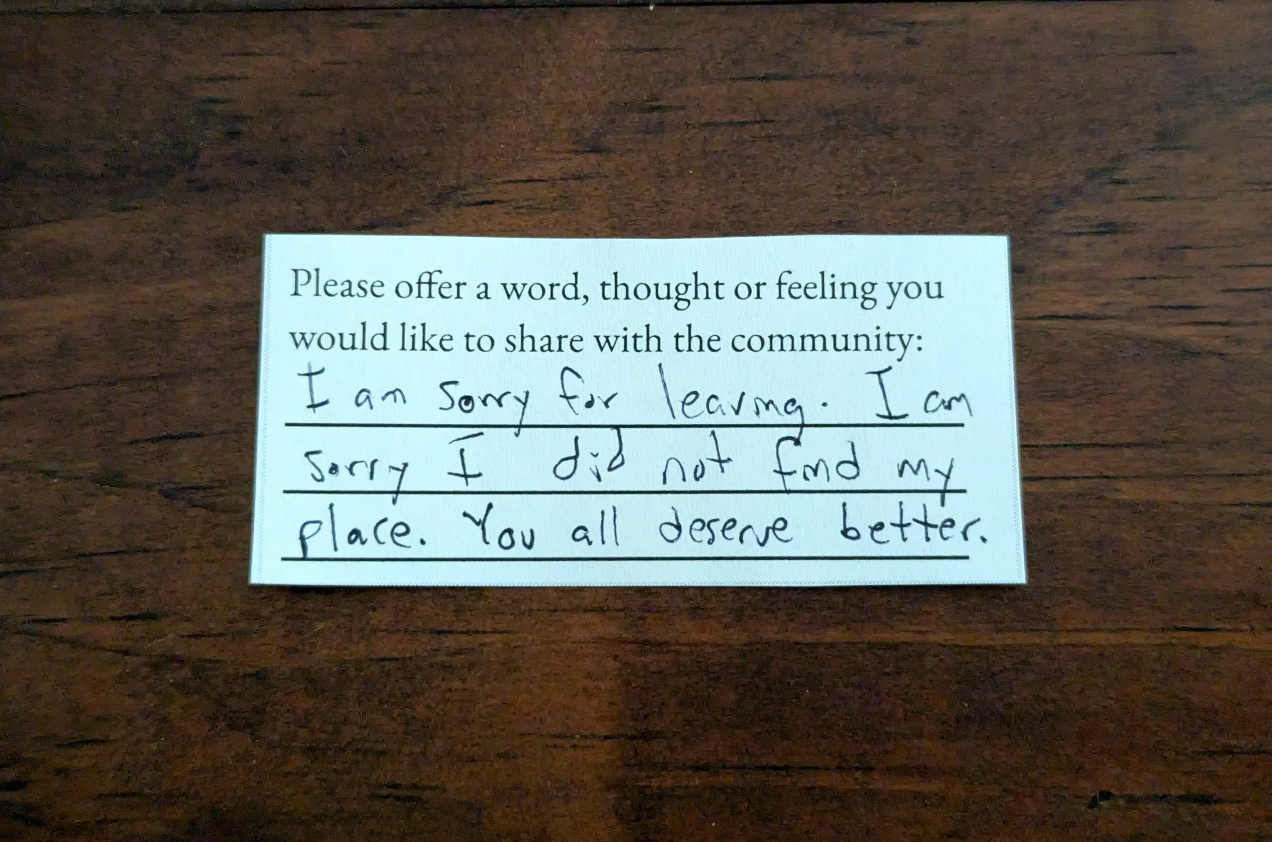 Offering 083 - "I am sorry for leaving. I am sorry I did not find my place. You all deserve better."