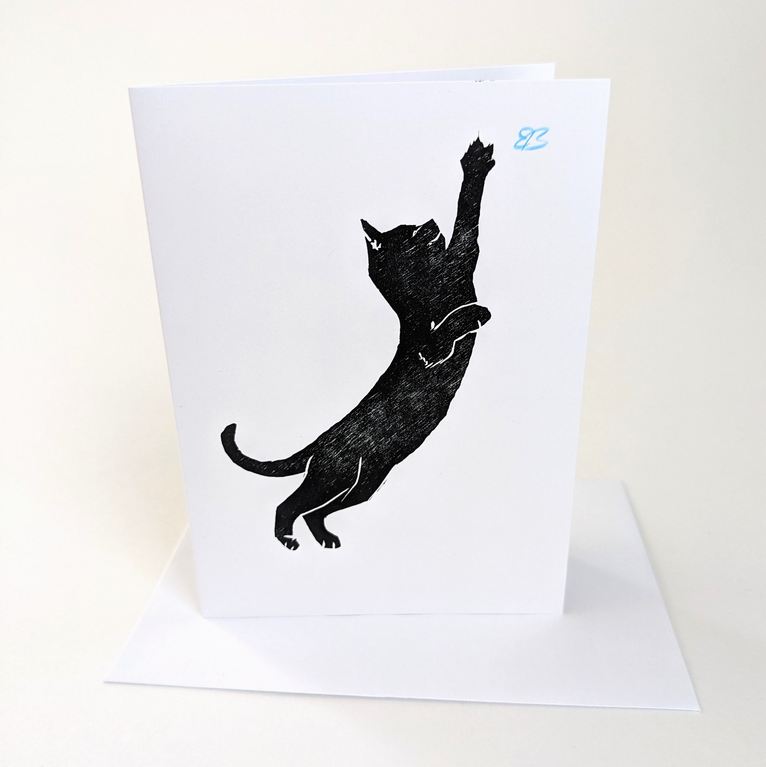 Reaching Cat - Original Block Printed Card