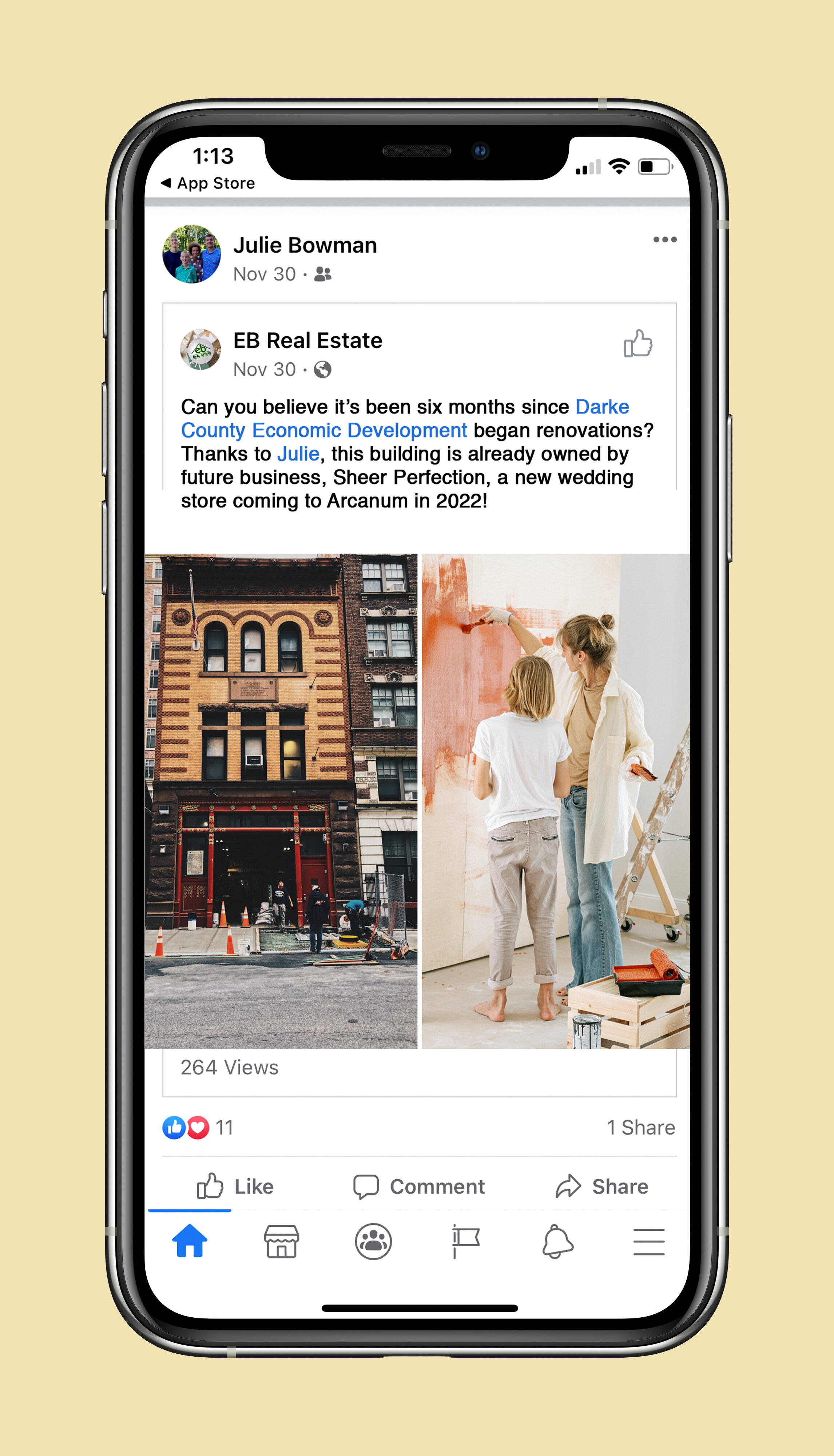 Facebook post for downtown renovations.