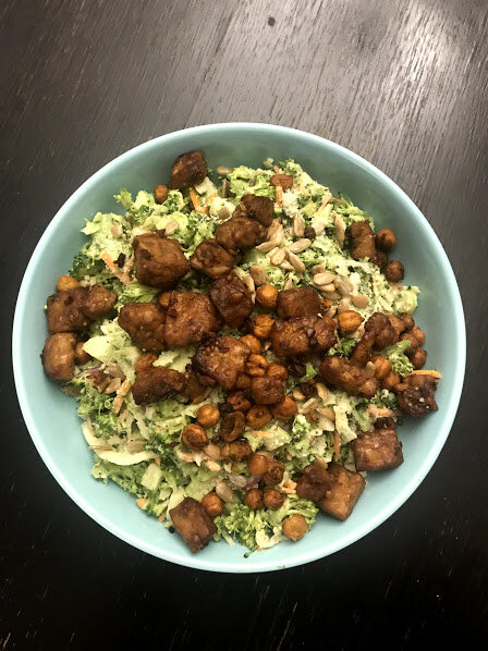 Vegan Broccoli Caesar Salad with Smokey Tempeh + Crispy Chickpeas
