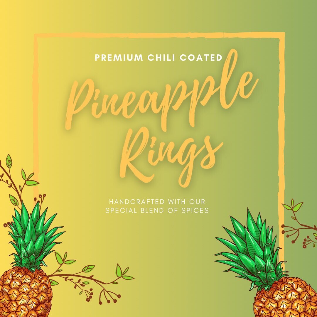 Calling all Pineapple lovers!💛 Our Pineapple Rings are hand mixed and coated in our special blend of spices. Sweet and sour with a kick of spice, it&rsquo;s like biting into a juicy pineapple! 🍍

Available in 16 oz. &amp; 6 oz. bags on the website!