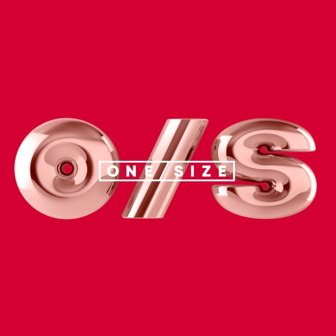 Graphic text reads '0% ONE SIZE' against a red background, with the '0' and 'S' designed to resemble metallic, shiny rings or objects.
