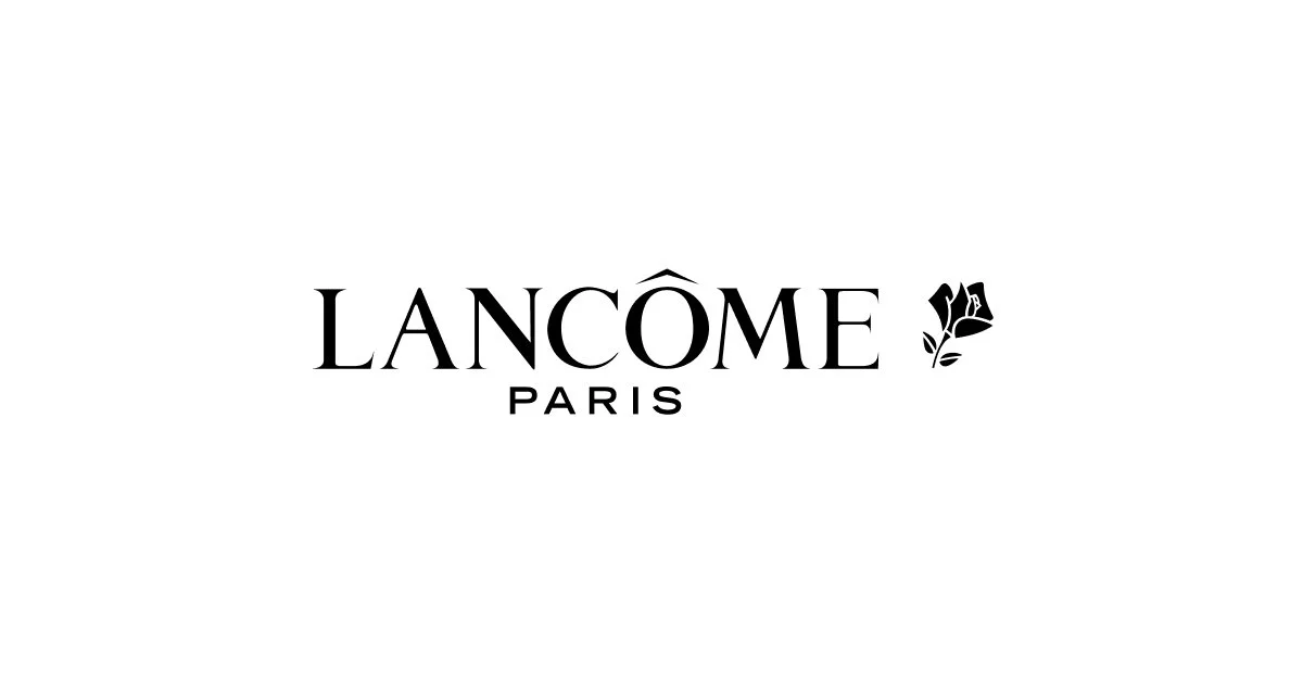 Black and white logo of Lancome Paris, with the brand name in large font and a small floral emblem to the right.
