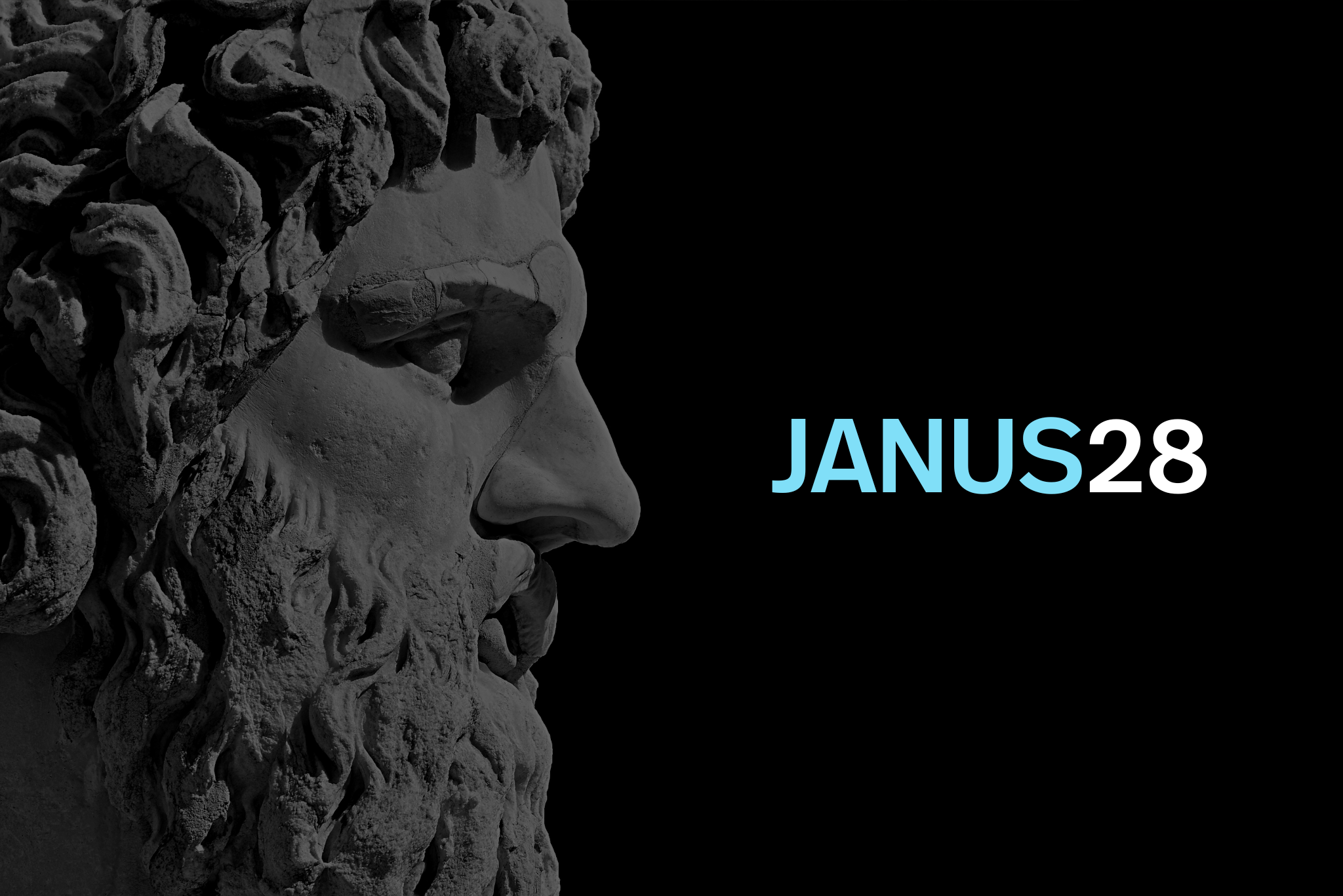 Close-up of a classical stone sculpture of a bearded man's profile against a black background with the text 'JANU 28' in blue and white.