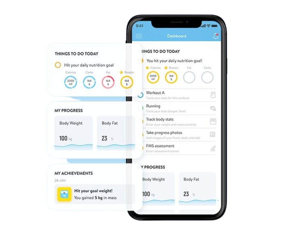 Smartphone screen displaying a fitness app dashboard, showing daily nutrition goals, progress in body weight and fat, and personal achievements.