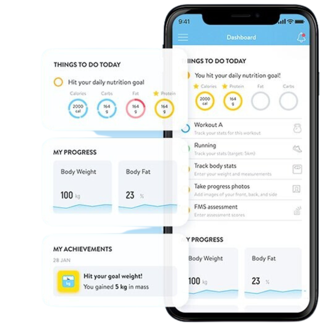 Smartphone displaying a health and fitness app with sections for daily goals, progress, achievements, and menu options.