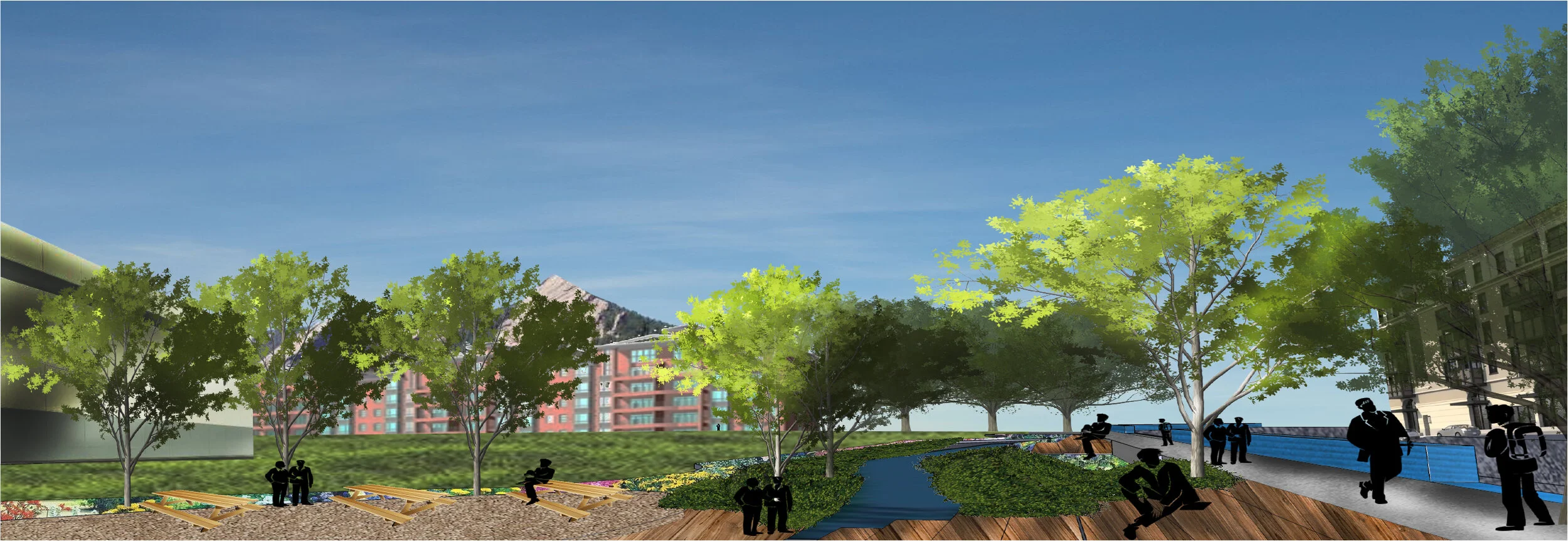 Perspective of PlazaThe ditch was imagined to have bioswales along the banks, reincorporating the riparian nature as well as filtering the runoff from the surroundings. This area serves as a retreat to eat lunch, read, or just appreciate the sound o…