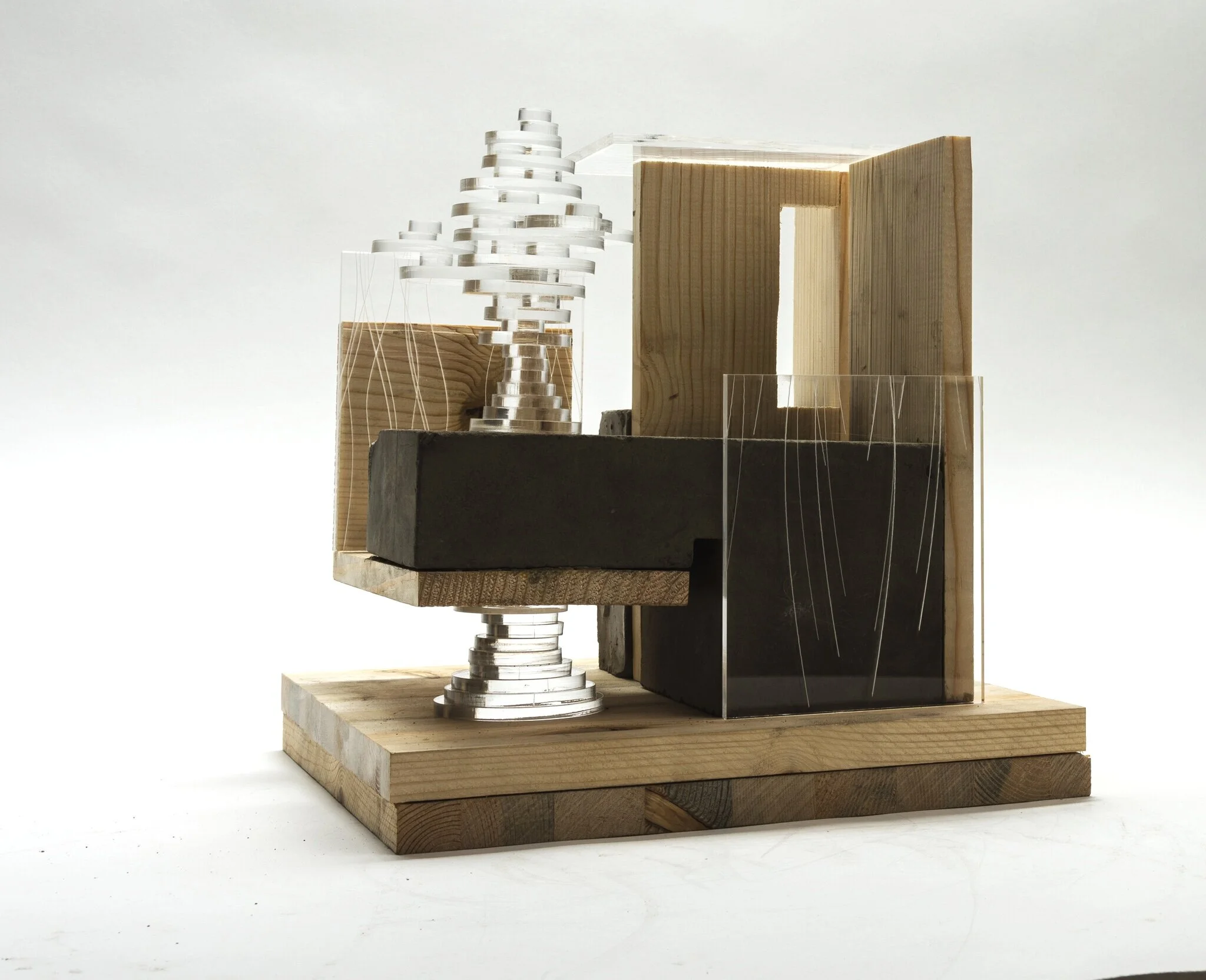 Lasercut acrylic, handcut wood, concrete