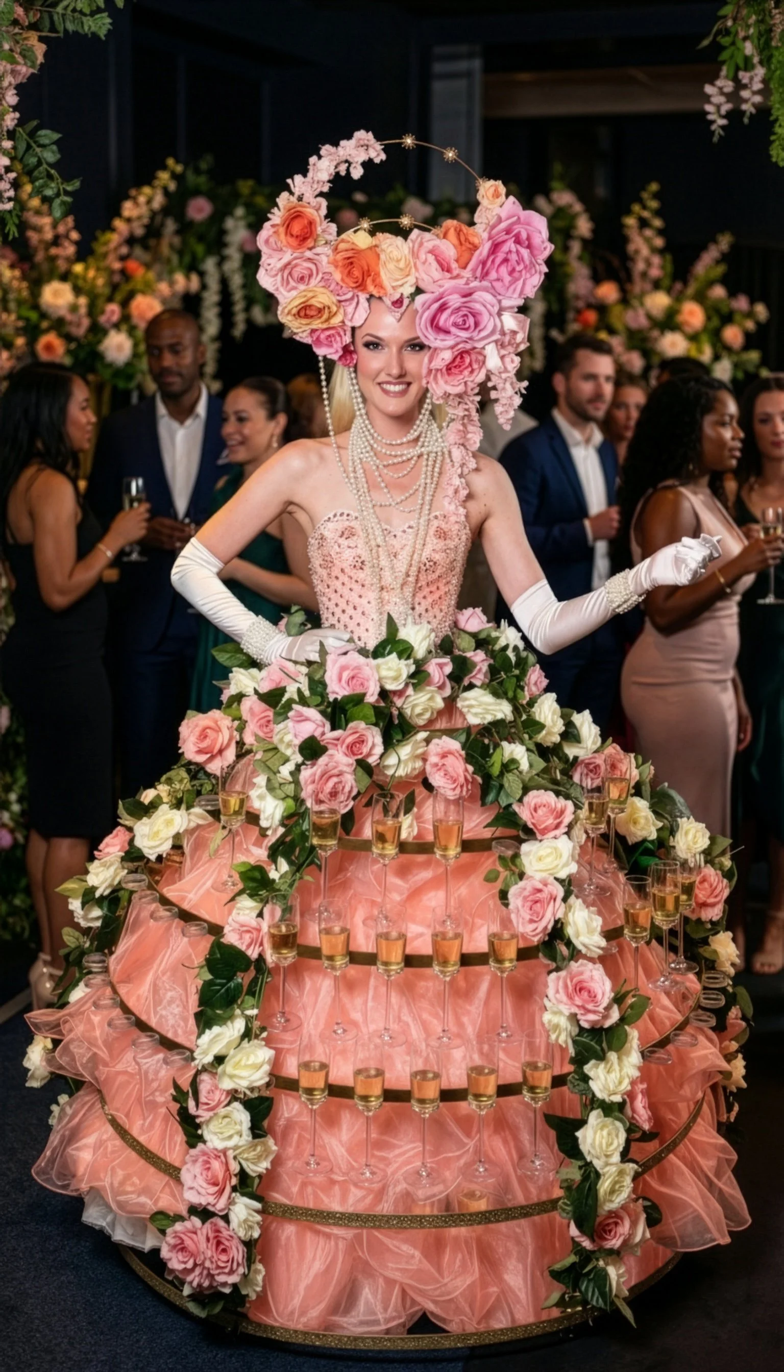Strolling Champagne: Coral Gown, Pink  Roses
