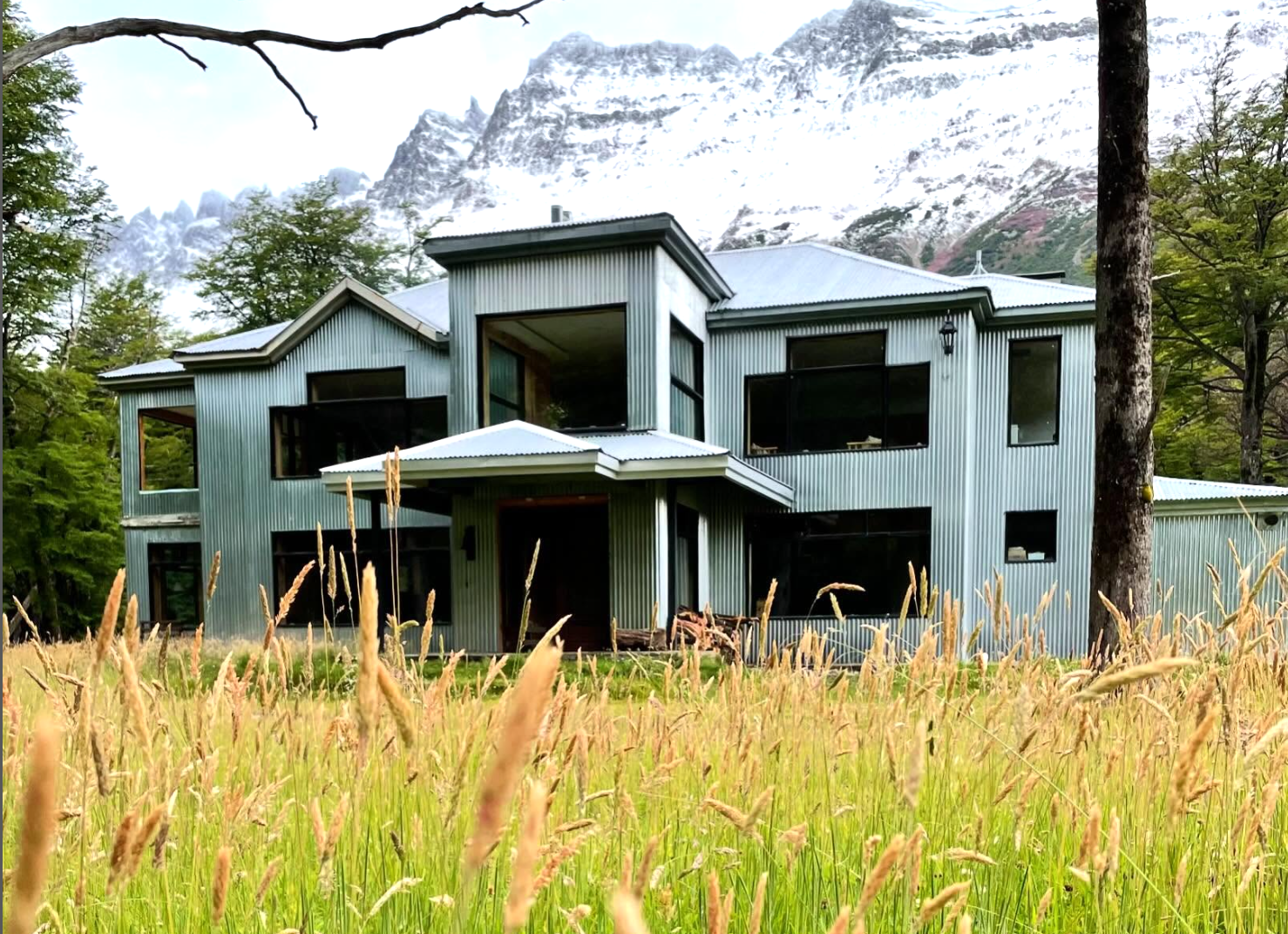 A modern blue house with metal siding, large windows, and multiple levels is situated in a grassy field, with trees and large snow-covered mountains in the background.