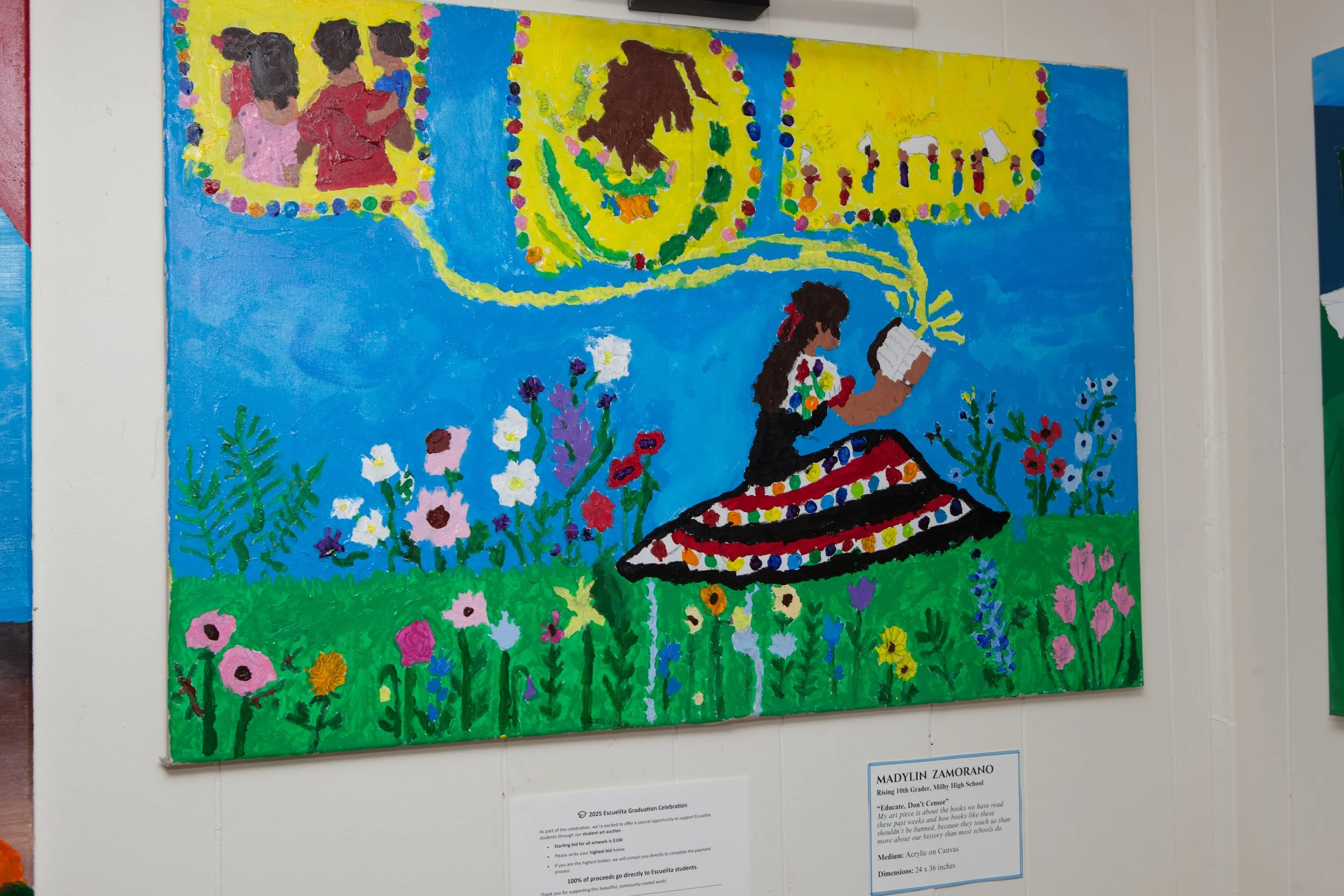 A colorful painting depicting a girl in a traditional dress sitting in a field of flowers, with two framed pictures above her, one of two children and the other of an elephant, all on a light blue background.