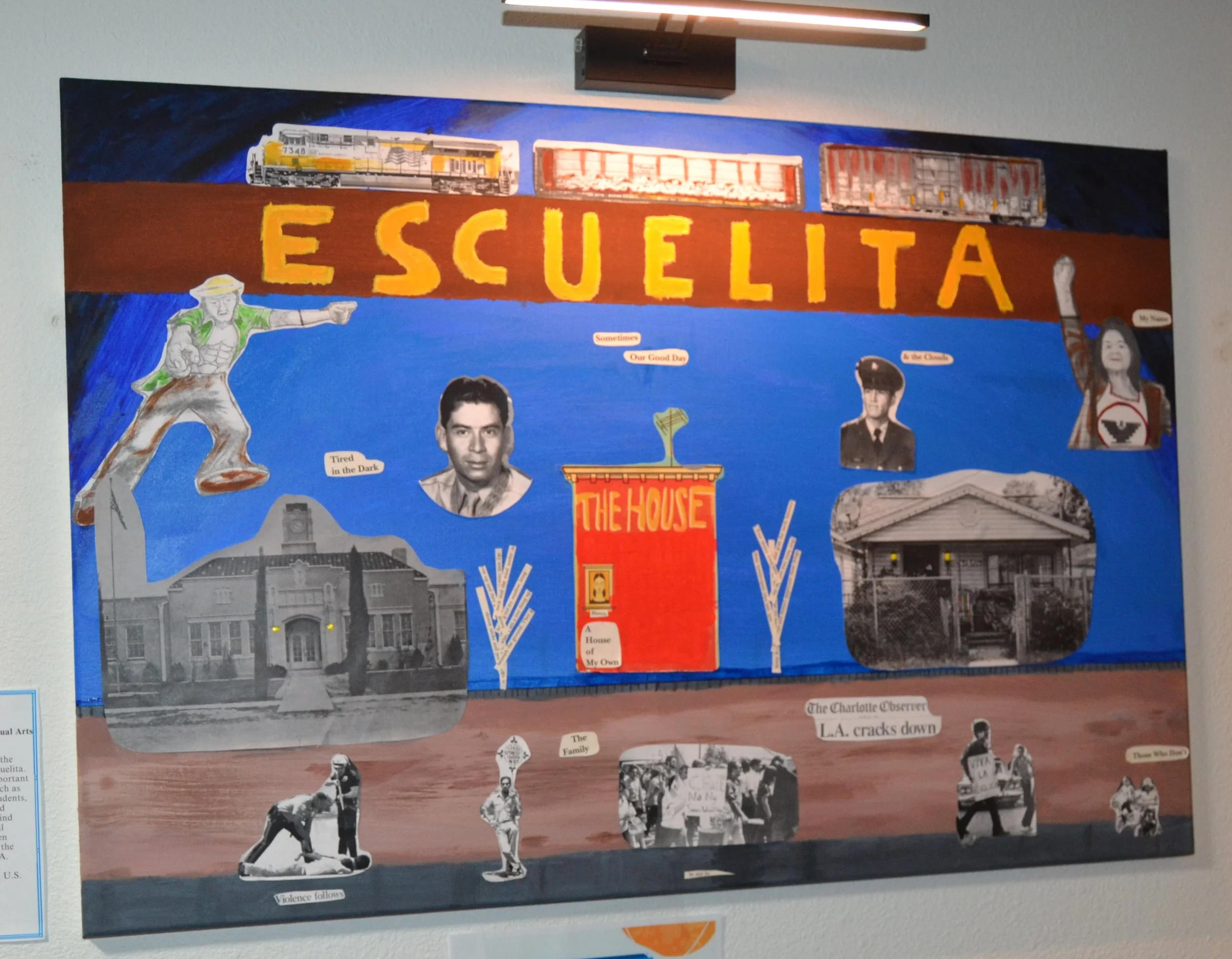 A colorful collage poster about Los Angeles history featuring images of trains, historic buildings, and black-and-white photos of people protesting or working, with various captions and labels relating to LA's development and social issues.