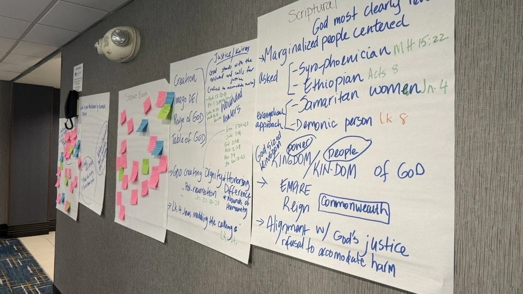 Large sheets of paper on a conference room wall filled with handwritten notes about theology, justice, and the “Kin-dom of God…”