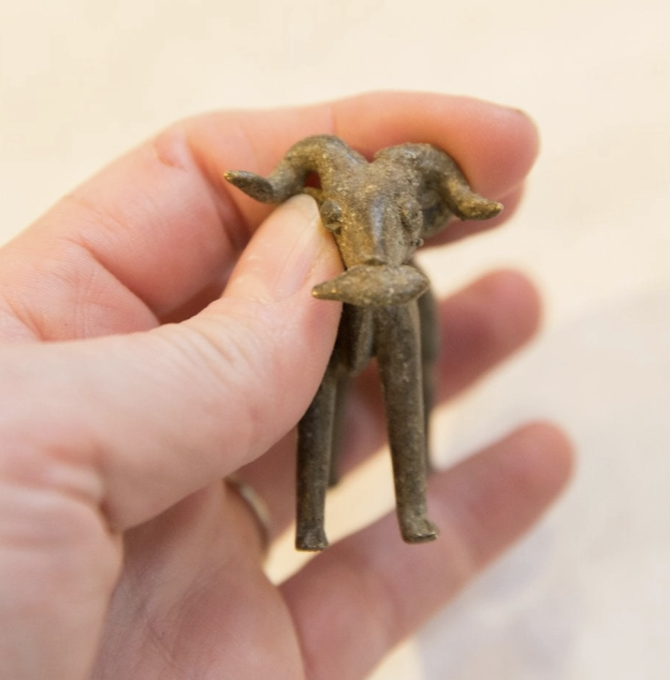 Vintage Oxidized Bronze Ram Eating Leaf
