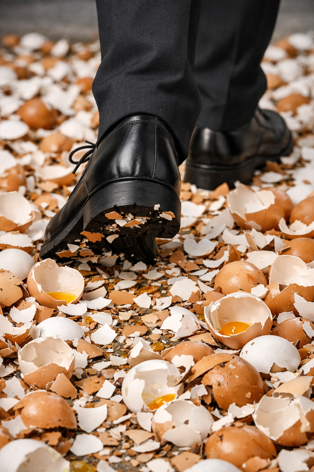 An image of black shoes walking on shattered eggshells