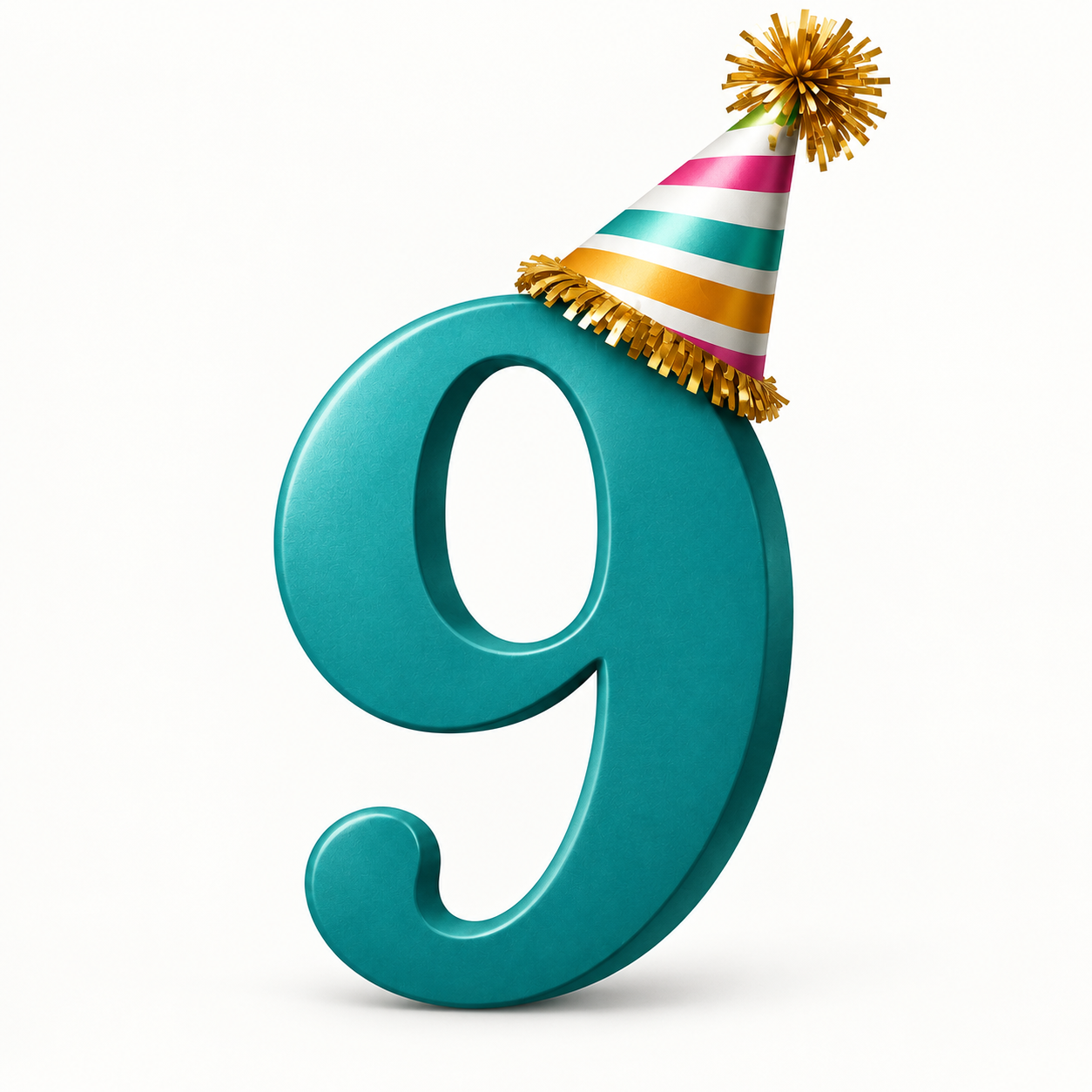 Image of a number 9 wearing a stripey birthday hat with gold trim