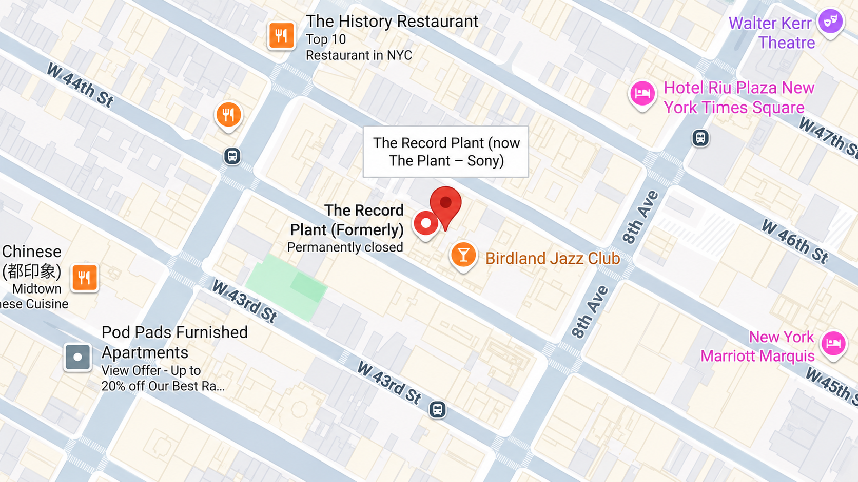 Map showing the meeting location at The Record Plant (now The Plant – Sony), 321 West 44th Street, New York, NY.