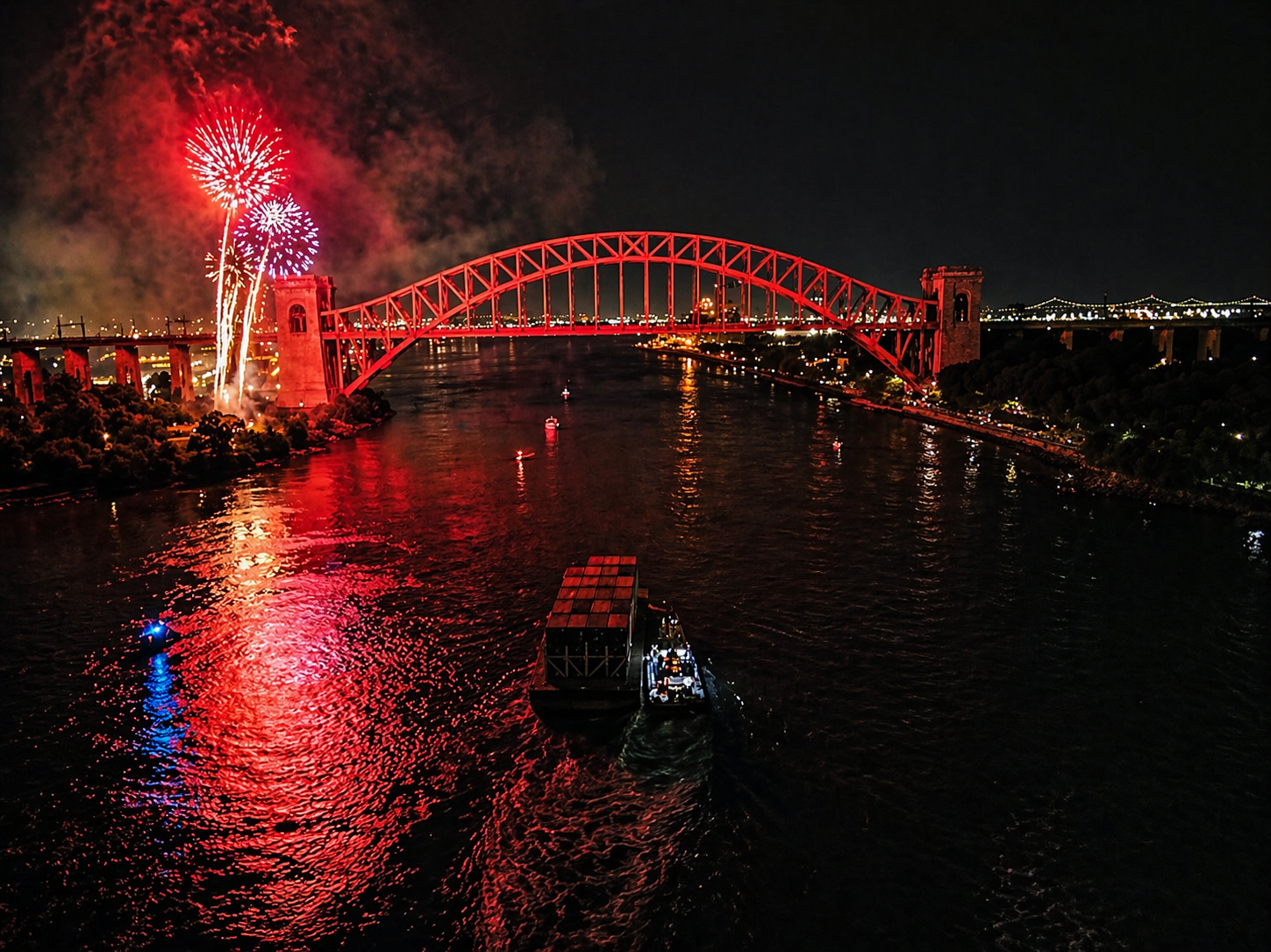 Hell Gate Bridge over the East River, with fireworks at night.