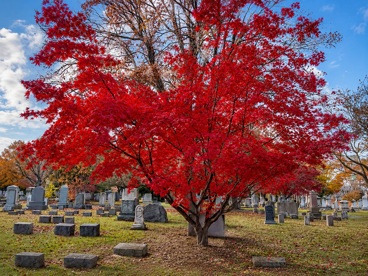 Huge red autumnal tree in an 18th-century burial ground.
