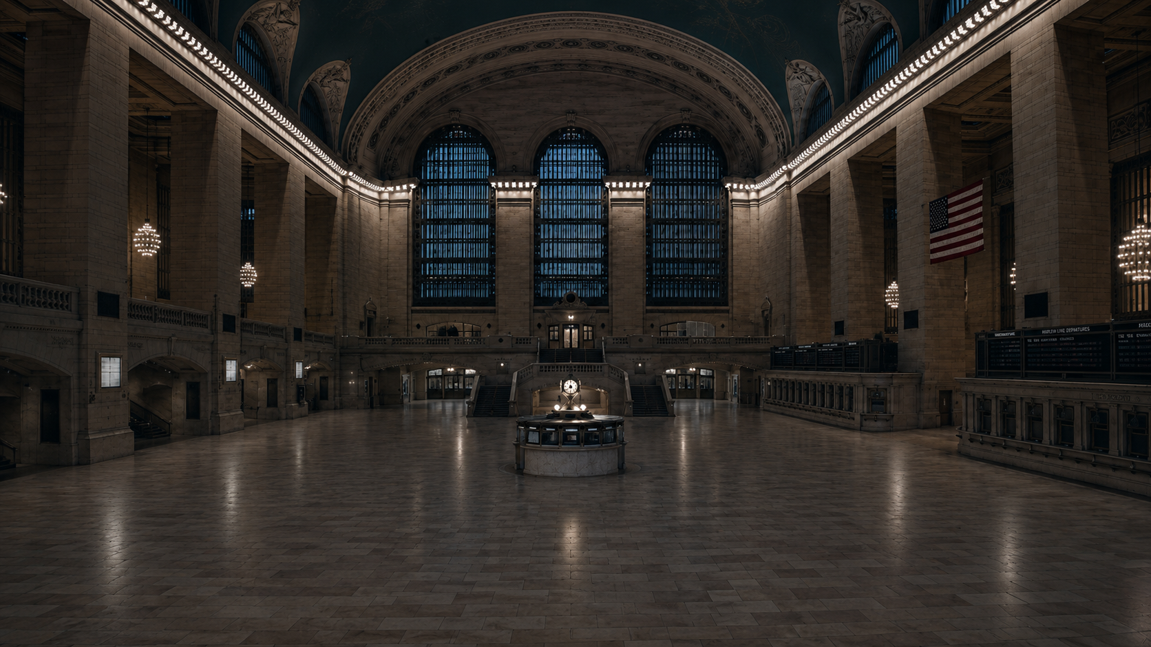 Empty Grand Central Terminal concourse with dim lighting and an American flag.