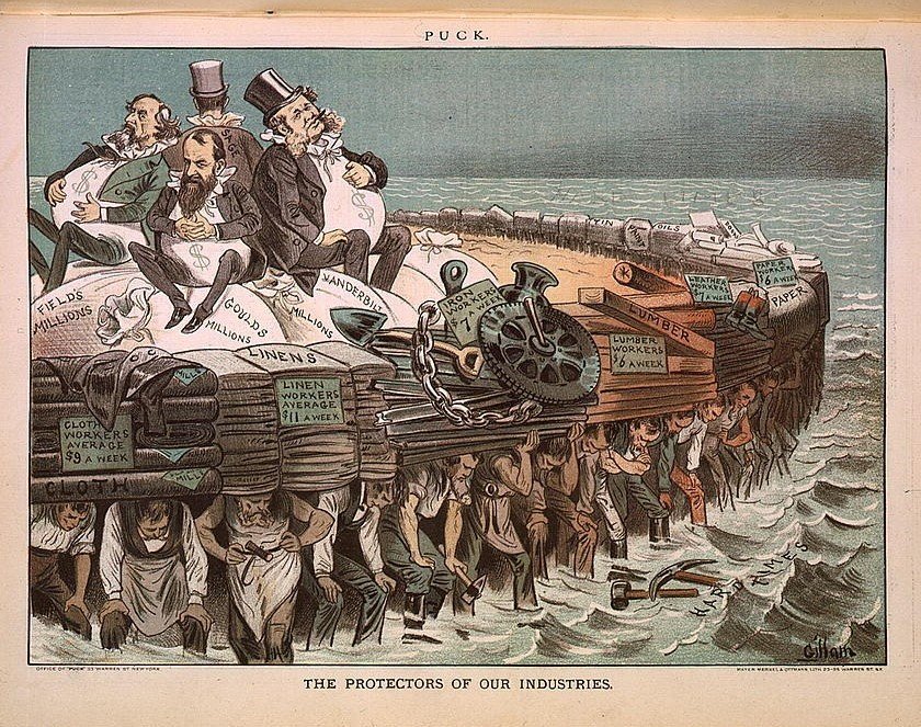 Workers carry wealthy industrialists on their backs in the 1883 Puck cartoon The Protectors of Our Industries.