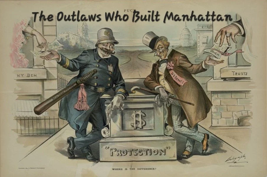 Political cartoon showing a New York police officer and a U.S. senator accepting bribes beside a pedestal labeled “Protection.”