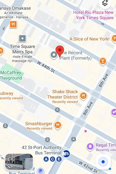 Map showing the meeting location at The Record Plant (now The Plant – Sony), 321 West 44th Street, New York, NY.