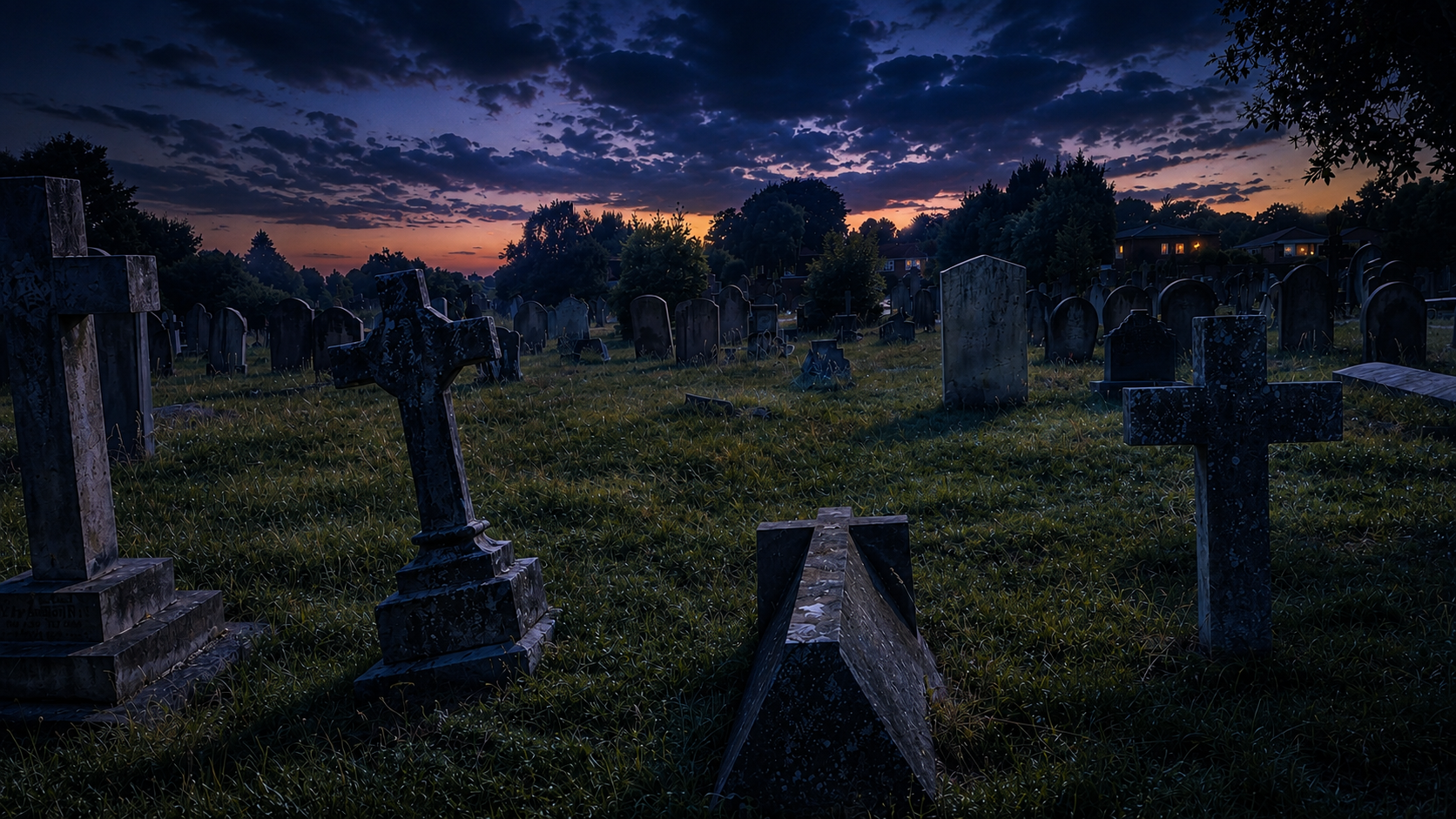 Moody burial ground at twilight with aged headstones and dramatic evening light for a New York history tour.