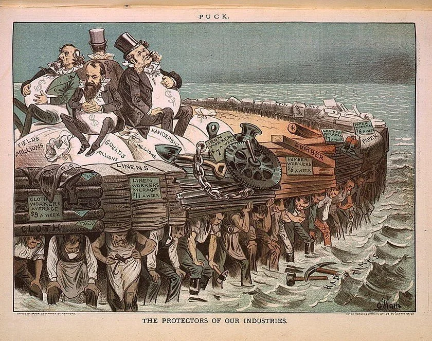 Bernhard Gillam’s 1883 Puck cartoon The Protectors of Our Industries depicts industrialists carried on the backs of workers. Library of Congress.