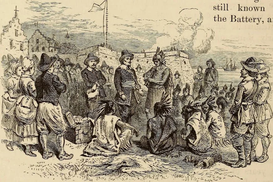 Illustration of Dutch governor Willem Kieft meeting with an Algonquian leader in New Amsterdam after the 1645 war.