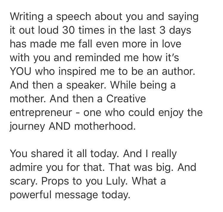 Text from a BOOSTIE about how Luly inspired her to become an author and a speaker while being a mother.