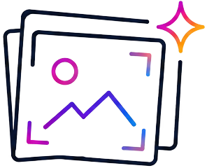 A digital illustration of three overlapping photo or image icons with a stylized mountain, sun, and colorful border accents.