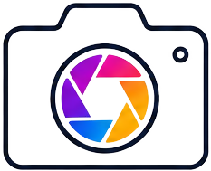 Illustration of a camera with a multicolored camera lens.