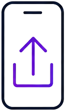 A smartphone screen displaying a purple upload icon with a downward arrow inside a square.