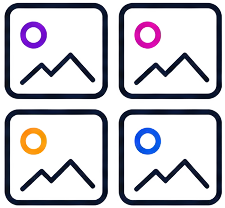 Four icons of images with mountains and circles in different colors: purple, pink, orange, and blue.