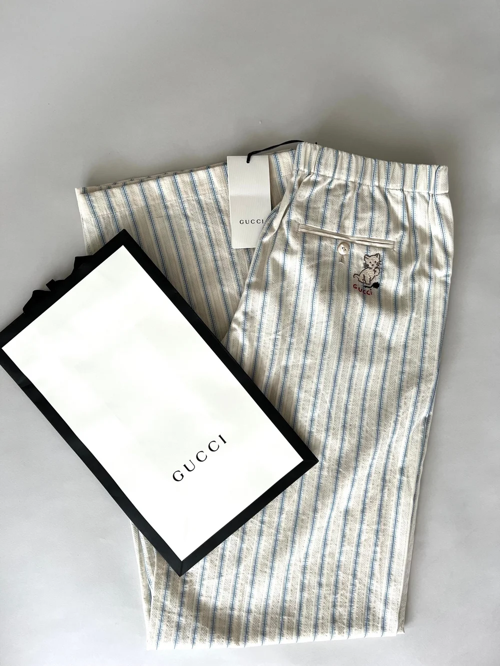 Gucci Linen Stripped Cat Logo Pants CONSUMED