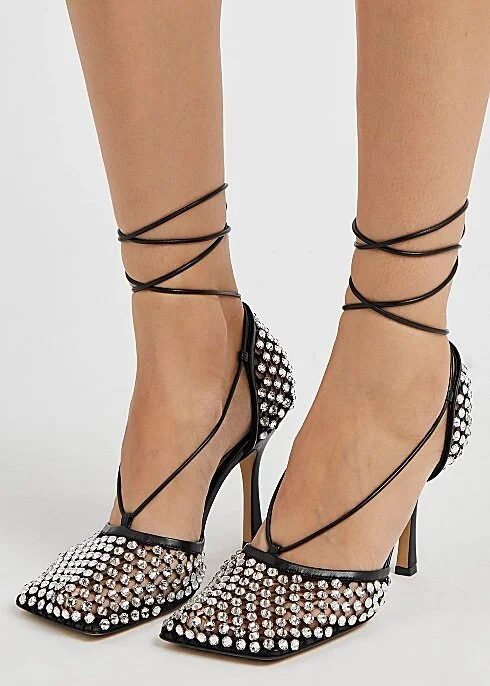 サンダル・ミュール Bottega Veneta crystal-embellished mesh and leather sandals Bottega Veneta Crystal Sparkle Mesh Sandals in Black — CONSUMED