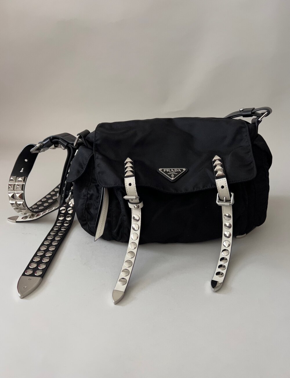 Prada Black and White Nylon Studded Rockstar Messenger Bag Prada Black and White Nylon Studded Rockstar Messenger Bag