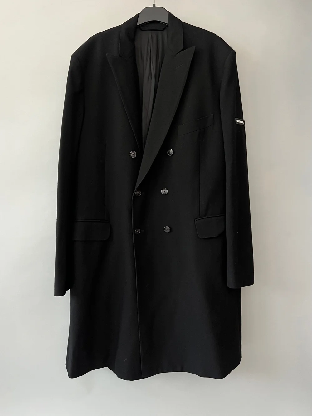 Balenciaga Black Wool Coat with rubber patch logo — CONSUMED
