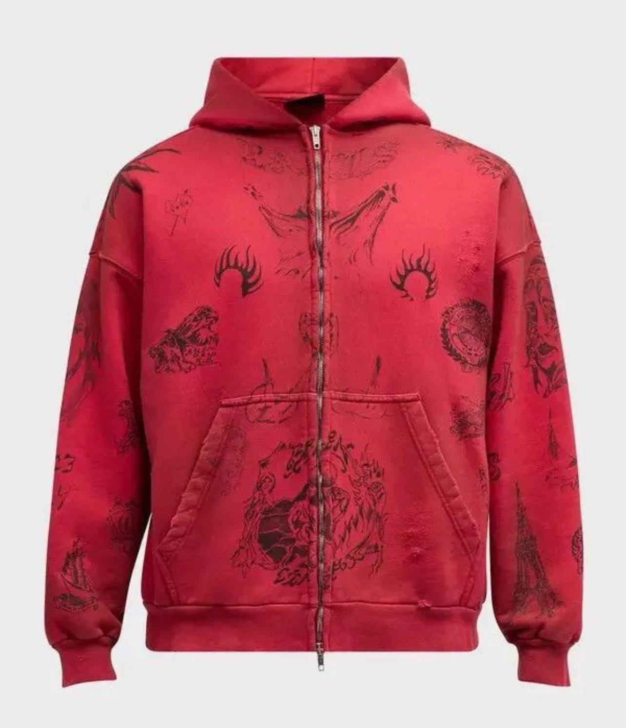 Balenciaga Tattoo Heavy Fleece Zip Hoodie in Red — CONSUMED